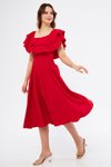 Kırmızı Midi Carmen Fırfır Yaka Düşük Omuz Dökümlü Dokuma Kumaş Mezuniyet Abiye Elbise
