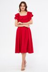 Kırmızı Midi Carmen Fırfır Yaka Düşük Omuz Dökümlü Dokuma Kumaş Mezuniyet Abiye Elbise