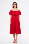Kırmızı Midi Carmen Fırfır Yaka Düşük Omuz Dökümlü Dokuma Kumaş Mezuniyet Abiye Elbise