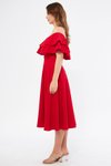 Kırmızı Midi Carmen Fırfır Yaka Düşük Omuz Dökümlü Dokuma Kumaş Mezuniyet Abiye Elbise
