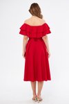 Kırmızı Midi Carmen Fırfır Yaka Düşük Omuz Dökümlü Dokuma Kumaş Mezuniyet Abiye Elbise