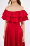 Kırmızı Midi Carmen Fırfır Yaka Düşük Omuz Dökümlü Dokuma Kumaş Mezuniyet Abiye Elbise