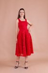 Kırmızı Midi Fransız Dantel Kare Yaka Kalın Askılı Abiye Elbise