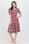 Kırmızı Midi Kare Yaka Eteği Fırfırlı Çiçek Desenli Viskon Elbise