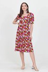 Kırmızı Midi Kare Yaka Eteği Fırfırlı Çiçek Desenli Viskon Elbise