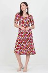 Kırmızı Midi Kare Yaka Eteği Fırfırlı Çiçek Desenli Viskon Elbise