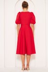 Kırmızı Midi Kare Yaka Kısa Balon Kol Kolları Lastikli Dokuma Dökümlü Kumaş Elbise