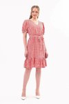Red Midi Checkered Ruched Summer Dress