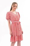 Kırmızı Midi Kareli Büzgü Detaylı Yazlık Elbise