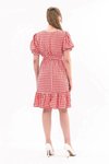 Kırmızı Midi Kareli Büzgü Detaylı Yazlık Elbise