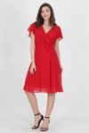 Kırmızı Midi Kruvaze Yaka Bağlama Detaylı Şifon Elbise