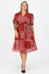 Kırmızı Midi Kruvaze Yaka Büyük Beden Etnik Desenli Şifon Elbise