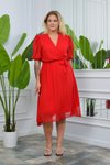 Kırmızı Midi Kruvaze Yaka Büyük Beden Şifon Elbise