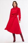 Kırmızı Midi Uzun Kol Kuşaklı Beli Lastikli Cepli Gömlek Elbise