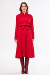 Kırmızı Midi Uzun Kol Kuşaklı Beli Lastikli Cepli Gömlek Elbise