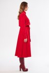 Kırmızı Midi Uzun Kol Kuşaklı Beli Lastikli Cepli Gömlek Elbise