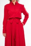 Kırmızı Midi Uzun Kol Kuşaklı Beli Lastikli Cepli Gömlek Elbise