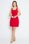 Kırmızı Mini Askılı Kare Yaka Geniş Akılı Diz Üstü Elbise