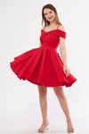 Kırmızı Mini Askılı Kayık Yaka Detay Pileli Kloş Abiye Elbise