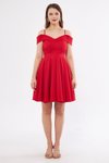 Kırmızı Mini Askılı Kayık Yaka Detay Pileli Kloş Abiye Elbise
