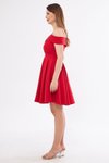 Kırmızı Mini Askılı Kayık Yaka Detay Pileli Kloş Abiye Elbise