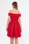 Kırmızı Mini Askılı Kayık Yaka Detay Pileli Kloş Abiye Elbise