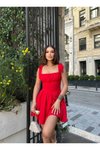 Kırmızı Mini Askılı Sırt Gipeli Omuz Bağlamalı Şortlu Aerobin Elbise