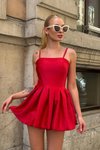Kırmızı Mini Askılı Şortlu Balon Elbise