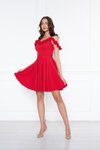 Kırmızı Mini Ayarlanabilir Askılı Yaka Fırfır Detay Dokuma Kumaş Pileli Kloş Abiye Elbise