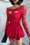 Kırmızı Mini Dantel Detaylı Abiye Elbise