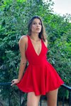 Kırmızı Mini Sırt Dekolteli Sıfır Kol Şortlu Tasarım Elbise