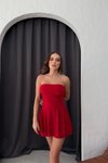 Kırmızı Mini Straplez Eteği Şortlu Elbise