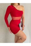 Kırmızı Mini Tek Omuzlu Tül Abiye Elbise