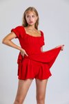 Red Mini Ruffle Skirt Detail Short Romper – Square Neck Puff Sleeve Summer Fit Dress