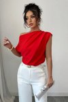 Kırmızı Tek Omuz Detay Scuba Krep Kumaş Bluz