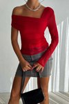 Kırmızı Tek Omuz Tül Detaylı Crop Bluz