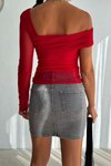 Kırmızı Tek Omuz Tül Detaylı Crop Bluz
