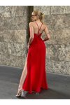 Kırmızı Uzun Askılı Göğüs Drape Detaylı Abiye Elbise