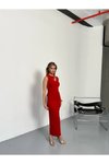 Kırmızı Uzun Damla Dekolteli Slim Fit Taşlı Elbise