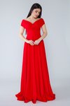 Kırmızı Uzun Kayık Kruvaze Yaka Düşük Omuz Dokuma Dökümlü Kumaş Abiye Elbise