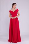 Kırmızı Uzun Kayık Yaka Abiye Elbise