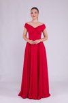 Kırmızı Uzun Kayık Yaka Abiye Elbise