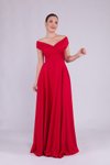 Kırmızı Uzun Kayık Yaka Abiye Elbise