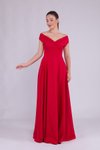 Kırmızı Uzun Kayık Yaka Abiye Elbise