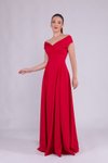 Kırmızı Uzun Kayık Yaka Abiye Elbise