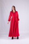 Kırmızı Uzun Kruvaze Yaka Kol Elbise