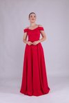 Kırmızı Uzun Omuz Detay Askılı Abiye Elbise