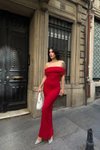 Kırmızı Uzun Sırt Dekolteli Freedom Straplez Elbise