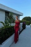 Red Long Backless Strappy Evening Dress with Liam Slit Detail