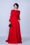 Kırmızı Uzun Yuvarlak Yaka Kol Dokuma Kumaş Beli Büzgülü Kuşaklı Tesettür Abiye Elbise